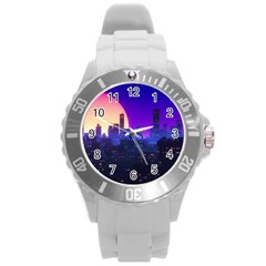 The Sun Night Music The City Background 80s 80 s Synth Round Plastic Sport Watch (l) by Jancukart