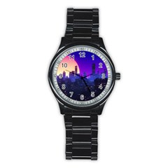 The Sun Night Music The City Background 80s 80 s Synth Stainless Steel Round Watch by Jancukart