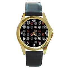 Black And Multicolored Polka Dot Artwork Digital Art Round Gold Metal Watch