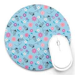 Pink And Blue Floral Wallpaper Round Mousepad