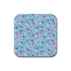 Pink And Blue Floral Wallpaper Rubber Coaster (square)