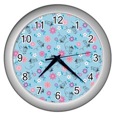 Pink And Blue Floral Wallpaper Wall Clock (silver) by Jancukart