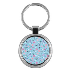 Pink And Blue Floral Wallpaper Key Chain (round)