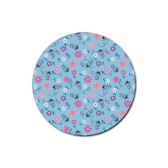 Pink And Blue Floral Wallpaper Rubber Round Coaster (4 Pack)