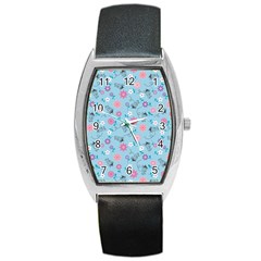 Pink And Blue Floral Wallpaper Barrel Style Metal Watch