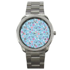 Pink And Blue Floral Wallpaper Sport Metal Watch