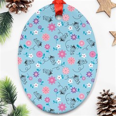 Pink And Blue Floral Wallpaper Oval Ornament (two Sides)