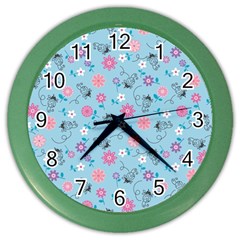 Pink And Blue Floral Wallpaper Color Wall Clock