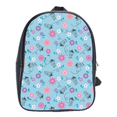 Pink And Blue Floral Wallpaper School Bag (large) by Jancukart