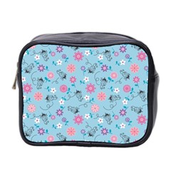 Pink And Blue Floral Wallpaper Mini Toiletries Bag (two Sides)