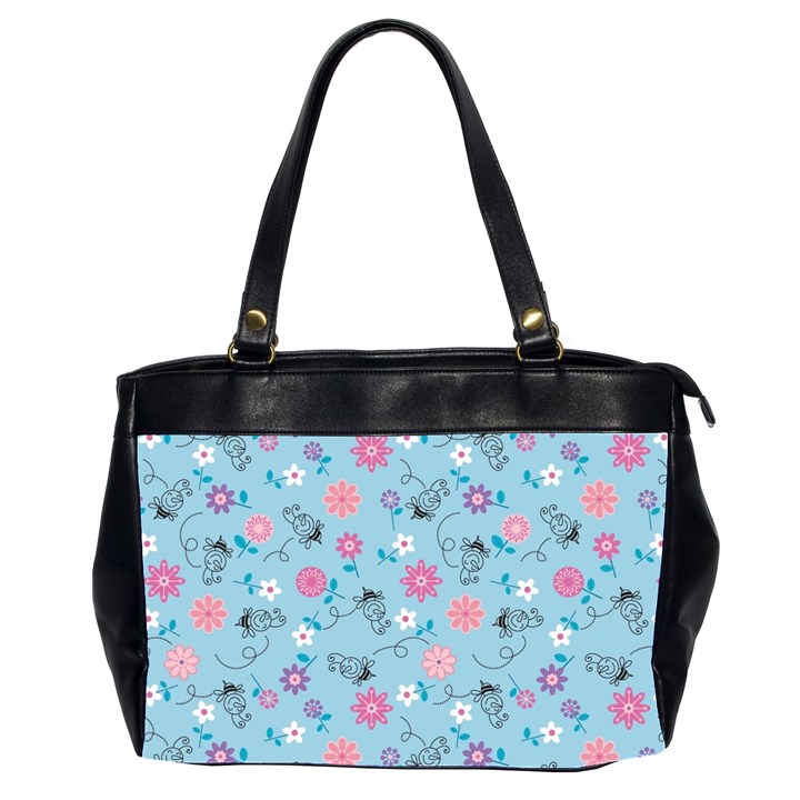 Pink And Blue Floral Wallpaper Oversize Office Handbag (2 Sides)