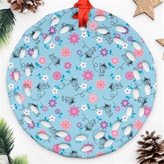 Pink And Blue Floral Wallpaper Round Filigree Ornament (two Sides)