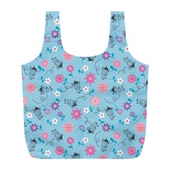 Pink And Blue Floral Wallpaper Full Print Recycle Bag (l)