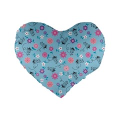 Pink And Blue Floral Wallpaper Standard 16  Premium Flano Heart Shape Cushions