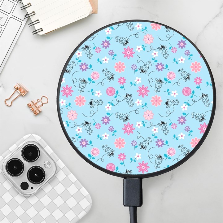 Pink And Blue Floral Wallpaper Wireless Fast Charger(Black)