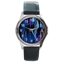 Night Music The City Neon Background Synth Retrowave Round Metal Watch