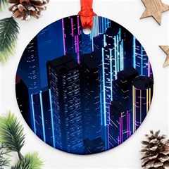 Night Music The City Neon Background Synth Retrowave Ornament (round) by Jancukart