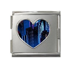 Night Music The City Neon Background Synth Retrowave Mega Link Heart Italian Charm (18mm) by Jancukart