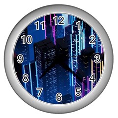 Night Music The City Neon Background Synth Retrowave Wall Clock (silver)