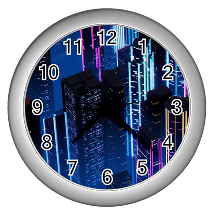 Night Music The City Neon Background Synth Retrowave Wall Clock (Silver)