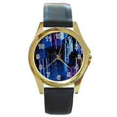 Night Music The City Neon Background Synth Retrowave Round Gold Metal Watch by Jancukart