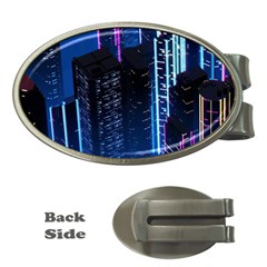 Night Music The City Neon Background Synth Retrowave Money Clips (oval)  by Jancukart