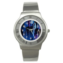 Night Music The City Neon Background Synth Retrowave Stainless Steel Watch