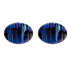 Night Music The City Neon Background Synth Retrowave Cufflinks (oval) by Jancukart