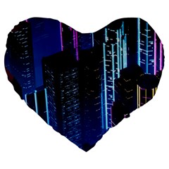 Night Music The City Neon Background Synth Retrowave Large 19  Premium Heart Shape Cushions by Jancukart