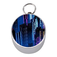 Night Music The City Neon Background Synth Retrowave Mini Silver Compasses