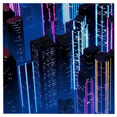 Night Music The City Neon Background Synth Retrowave Wooden Puzzle Square by Jancukart