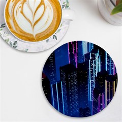 Night Music The City Neon Background Synth Retrowave Uv Print Round Tile Coaster by Jancukart