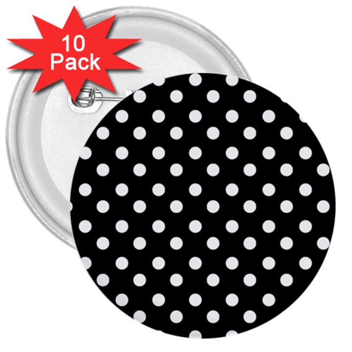 Black And White Polka Dots 3  Buttons (10 pack) 