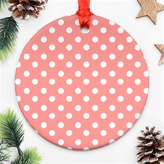 Coral And White Polka Dots Ornament (round) by GardenOfOphir