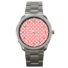 Coral And White Polka Dots Sport Metal Watch by GardenOfOphir