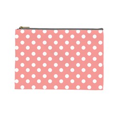 Coral And White Polka Dots Cosmetic Bag (large) by GardenOfOphir