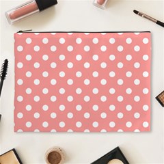 Coral And White Polka Dots Cosmetic Bag (xl) by GardenOfOphir