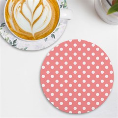 Coral And White Polka Dots Uv Print Round Tile Coaster by GardenOfOphir