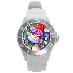 Sacred Mushroom Art Round Plastic Sport Watch (l) by GardenOfOphir