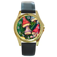 Sacred Mushrooms For Necromancy Round Gold Metal Watch by GardenOfOphir