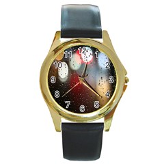 Rain On Window Round Gold Metal Watch by artworkshop