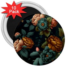 Floral Flower Blossom Turquoise 3  Magnets (10 Pack)  by Ravend