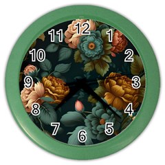 Floral Flower Blossom Turquoise Color Wall Clock by Ravend