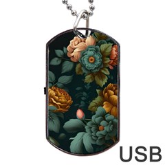 Floral Flower Blossom Turquoise Dog Tag Usb Flash (two Sides) by Ravend