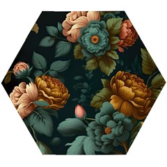 Floral Flower Blossom Turquoise Wooden Puzzle Hexagon by Ravend