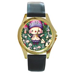 Toadstool Mushrooms Round Gold Metal Watch by GardenOfOphir