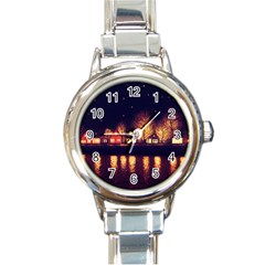 Night Houses River Bokeh Leaves Round Italian Charm Watch by Ravend