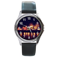 Night Houses River Bokeh Leaves Round Metal Watch by Ravend