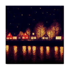 Night Houses River Bokeh Leaves Tile Coaster by Ravend