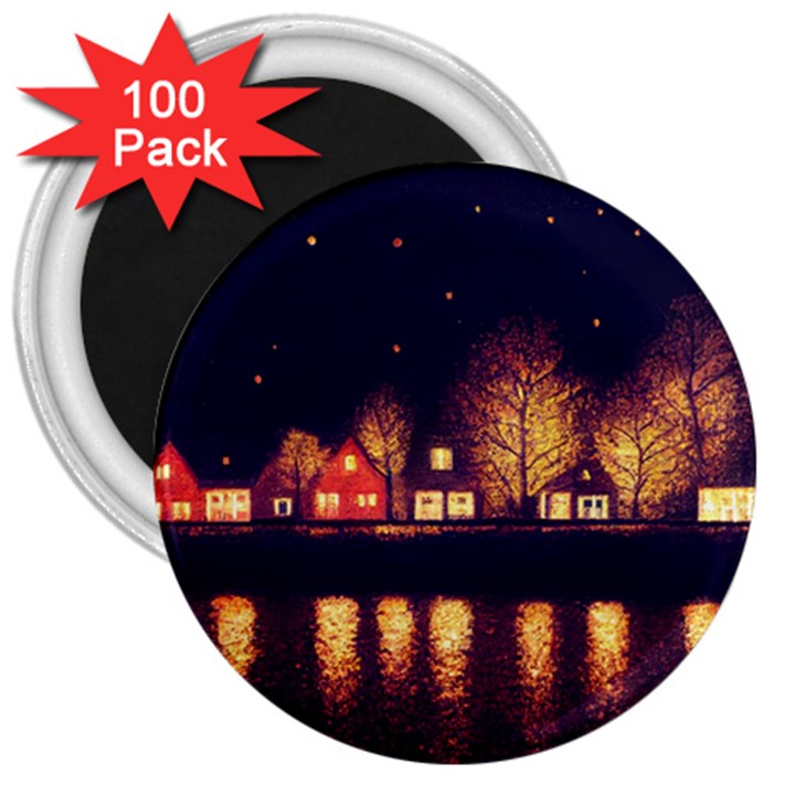 Night Houses River Bokeh Leaves 3  Magnets (100 pack)